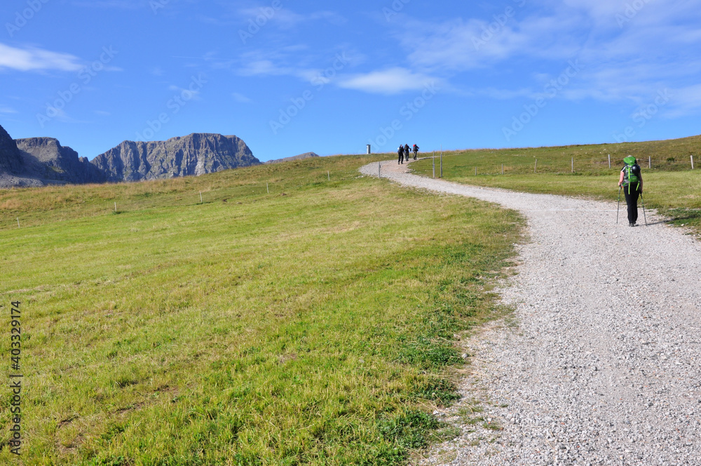 Ludzie idą szlakiem pośród zielonych pastwisk, Dolomity