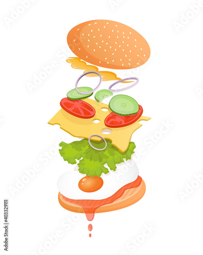 Vegetarian burger with flying ingredients such as egg, ketchup, lettuce, tomato, cucumber, onion, sauce and cheese. Vector flat illustration of fast food burger for poster, advertisement, menu, web