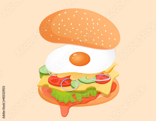 Vegetarian burger with ingredients such as egg, ketchup, lettuce, tomato, cucumber, onion, sauce and cheese. Vector flat illustration of fast food burger for poster, advertisement, menu, web