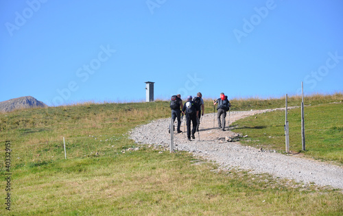 Grupa turystów podchodzi górskim szlakiem pośród zielonych traw, Dolomity