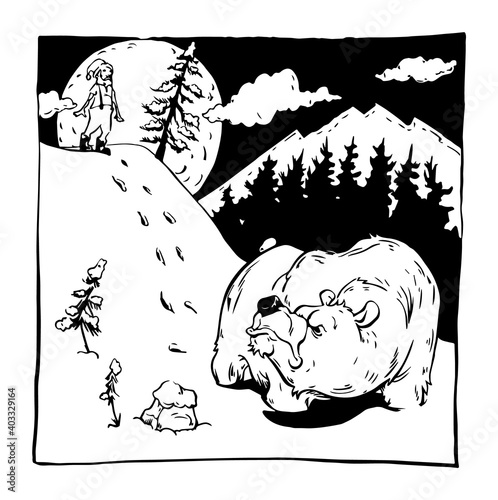 Hand drawn scene: a large bear looks over his shoulder at a man on a moon-lit hillside in the forest.