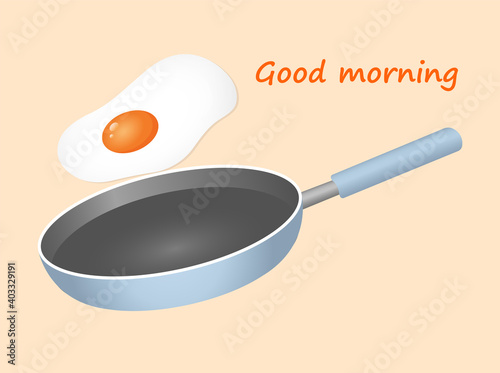 Vector flat illustration of a frying pan with a flying egg for advertising, web, menu, restaurant. Good morning with delicious scrambled eggs breakfast