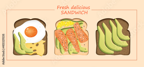 Set of delicious fresh sandwiches with toast bread consisting of a fried egg, salmon, avocado, lemon, cheese and sesame seeds. Vector illustration of a healthy breakfast. Healthy lifestyle.