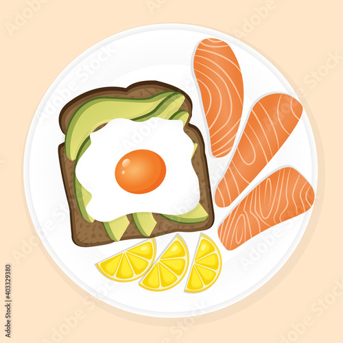 Plate of delicious fresh healthy breakfast with salmon, slices and toast with avocado and egg. Vector illustration of a healthy breakfast for poster, advertisement, web. Healthy lifestyle.
