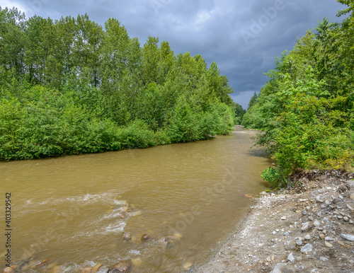 Majestic mountain river in Canada. Traboulay Port Coquitlam Park. Vancouver.