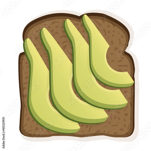 Sandwich with black toast bread and avocado slices. Vector illustration of a healthy breakfast for poster, advertisement, menu, web, restaurant, cafe. Healthy lifestyle.