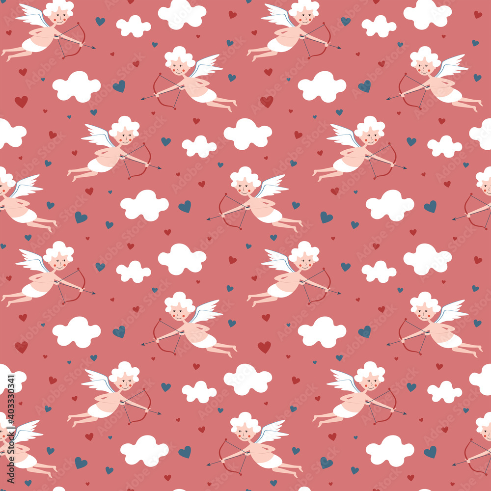 Seamless pattern with cute cupids, clouds, hearts. Valentine's Day pattern.