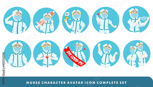 Complete icon set of Expressive Nurse Character Illustration wearing ppe hazmat suit avatar icon with different posture and gesture 