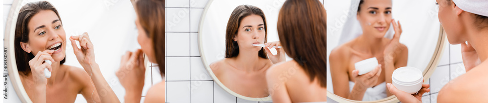 collage of young woman brushing and flossing teeth, and applying face cream in bathroom, banner
