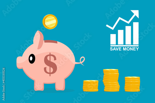 Cute piggy bank with dollar sign and golden metal coins on pile isolated on blue background. Economy and business concept. Flat style vector illustration