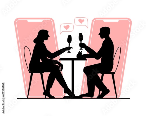Online dating, virtual love and social distancing, video chat via smartphone application. Male and female searching for romantic partner in internet. Online dating concept. Design for banner, card