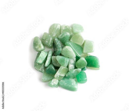 Green quartz pebbles isolated, aventurine polished stones photo