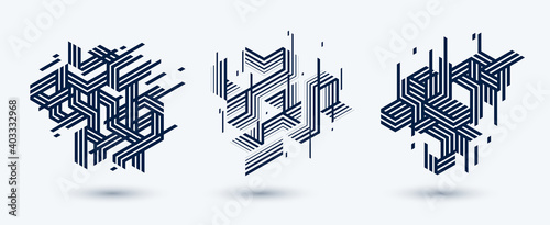 Abstract polygonal backgrounds with stripy triangles and 3D cubes vector designs set. Templates for different advertising or covers or banners. Retro style graphic elements.