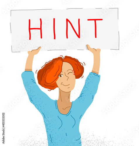 Young adorable woman shows paper sheet with Hint word on it vector illustration isolated on white background, advertising concept, attracting attention.