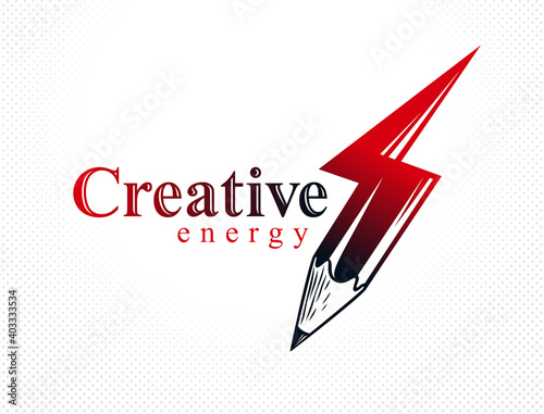 Creative energy power concept shown by pencil in a shape of lightning bolt, vector logo or icon, the power of idea, design and art, science invention or research.