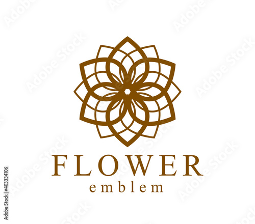 Geometric linear style vector flower logo or emblem isolated on white, sacred geometry floral symbol line drawing emblem, blossoming flower hotel or boutique or jewelry logotype.