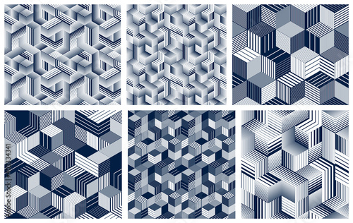 3D cubes seamless patterns vector backgrounds set, lined dimensional blocks, architecture and construction, geometric designs.