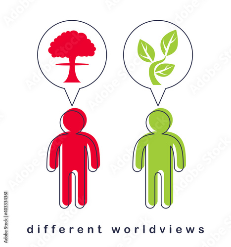 Different worldviews concept with two men good and bad displaying their minds with bomb exploding and small plant growing vector, life and death, destructive and constructive.