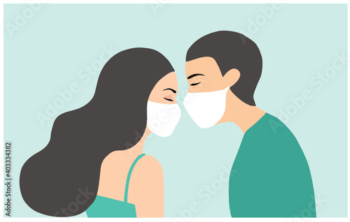 Loving couple wearing face mask to protect covid-19 coronavirus outbreak vector illustration. Covid-19 prevention and heath care concept