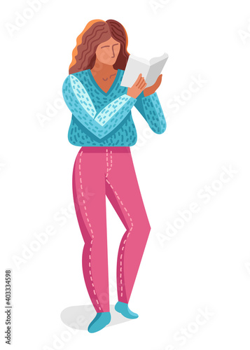 Young woman reading a book vector trendy flat illustration isolated on white, knowledge learning education, self-education, fiction literature.