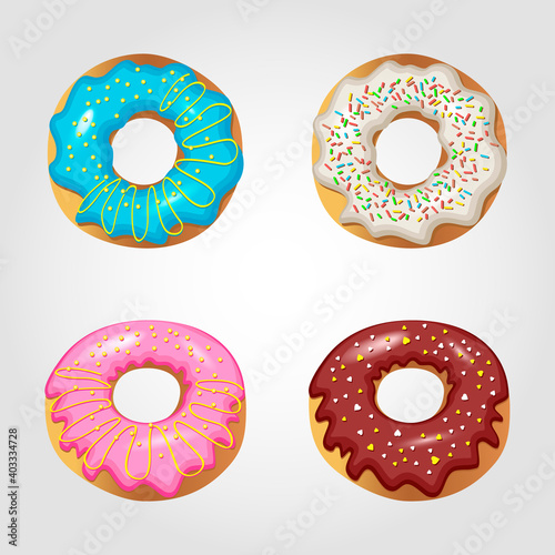 Set of confectionery donuts in sugar glaze. Donuts are drawn in a realistic style in vector. These images are perfect for a cafe menu or decorating a hall in a pastry shop.