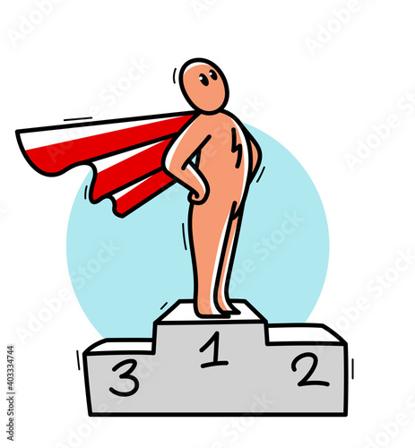 Funny cartoon man standing confident on a pedestal with coat like a superhero vector flat style illustration isolated.
