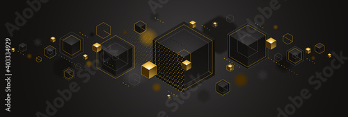 Cubes cluster with golden elements lines and dots vector abstract background, 3D abstraction vip luxury style, jewelry classy elegant geometric design, shiny gold.