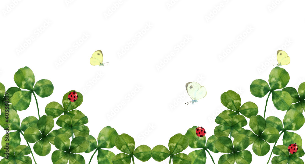 四つ葉のクローバーと虫の風景イラスト
