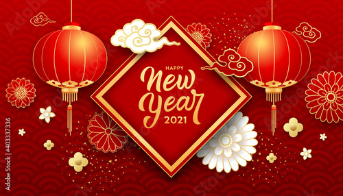 Happy Chinese New Year 2021, flower, Chinese lantern, cloud, greeting card on gold and red background, Eps 10 vector illustration