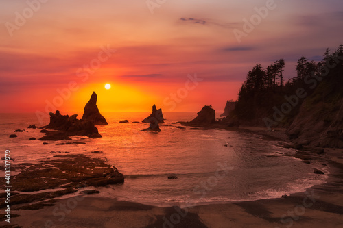 Beautiful view of a scenic landscape at the Ocean Coast. Taken at Shi Shi Beach in Neah Bay, West of Seattle, Washington, United States of America. Colorful Sky Art Render
