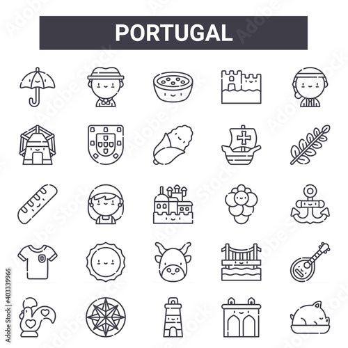 portugal outline icon set. includes thin line icons such as umbrella, windmill, grapes, bridge, aguas livres, gazpacho, leito da bairrada, corn. can be used for report, presentation, diagram, web