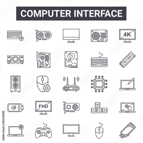 computer interface outline icon set. includes thin line icons such as keyboard, speaker, processor, keyboard, mouse, mac, flash disk, harddisk. can be used for report, presentation, diagram, web and