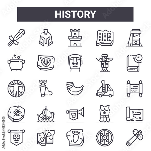 history outline icon set. includes thin line icons such as sword, cauldron, catapult, armour, shield, tower, hammer, moai. can be used for report, presentation, diagram, web and mobile design