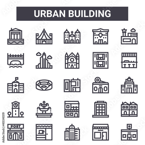 urban building outline icon set. includes thin line icons such as maritime house, bridge, candy shop, office building, store, church, pharmacy, cathedral. can be used for report, presentation,