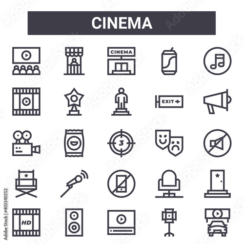 cinema outline icon set. includes thin line icons such as movie, trailer, theater, cinema seat, spotlight, cinema, drive in, award. can be used for report, presentation, diagram, web and mobile