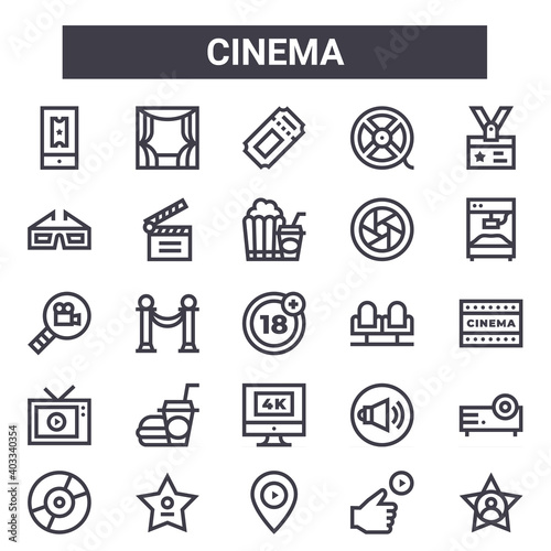 cinema outline icon set. includes thin line icons such as cinema, d glasses, cinema seat, speaker, good ticket, hollywood star, popcorn. can be used for report, presentation, diagram, web and mobile