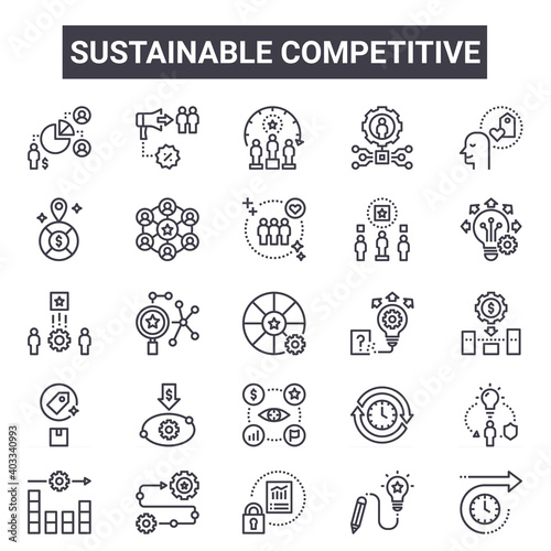 sustainable competitive outline icon set. includes thin line icons such as share, market positioning, knowledge, sustainable, de, winner, long term, customers. can be used for report, presentation,