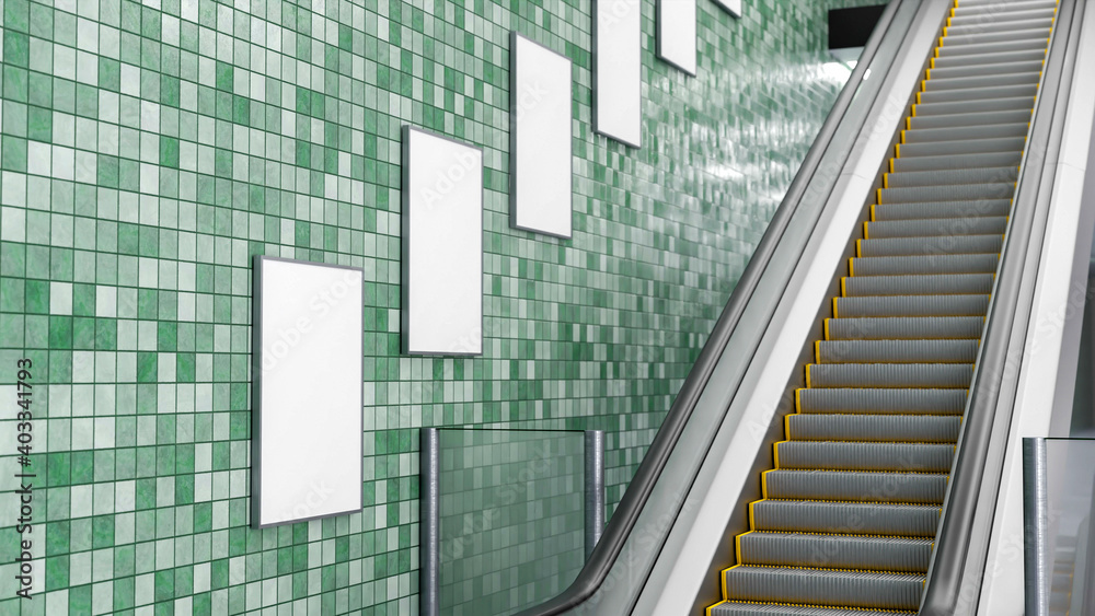 Obraz premium 3D blank mockup poster advertising arrange on wall near escalator