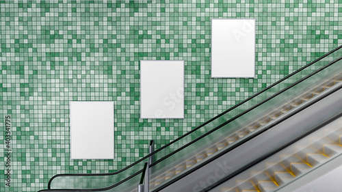 3D blank mockup signboard arrange on the wall near escalator