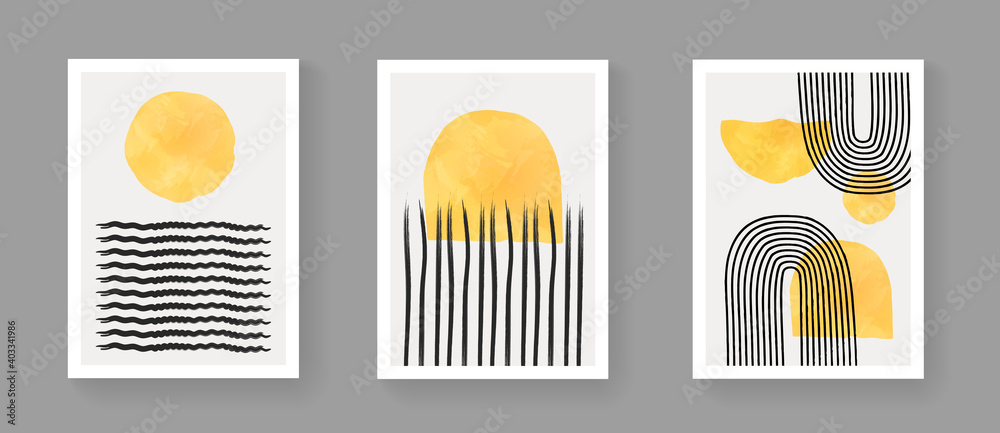 Set of abstract minimalist hand painted composition. Mid century modern artwork with watercolor shapes. Simple geometric illustration for Posters, Postcards, Brochures, Wall Art, Banners. Set of abstract minimalist hand painted composition. Mid century modern artwork with watercolor shapes. Simple geometric illustration for Posters, Postcards, Brochures, Wall Art, Banners.