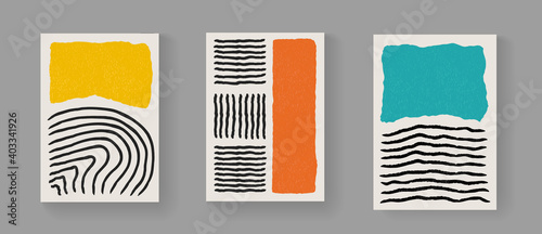 Set of abstract minimalistic hand painted art posters. Mid-century vintage composition. Scandinavian Illustration for Postcards, Covers and Brochures.
