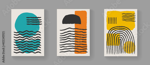 Set of abstract minimalistic hand painted art posters. Mid-century vintage composition. Scandinavian Illustration for Postcards, Covers and Brochures.