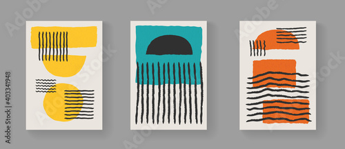 Set of abstract minimalistic hand painted art posters. Mid-century vintage composition. Scandinavian Illustration for Postcards, Covers and Brochures.