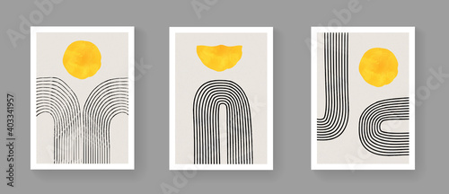 Set of abstract minimalist hand painted composition. Mid century modern artwork with watercolor shapes. Simple geometric illustration for Posters, Postcards, Brochures, Wall Art, Banners.