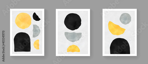 Set of abstract minimalist hand painted composition. Mid century modern artwork with watercolor shapes. Simple geometric illustration for Posters, Postcards, Brochures, Wall Art, Banners.