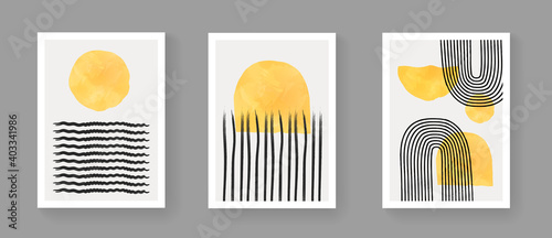Set of abstract minimalist hand painted composition. Mid century modern artwork with watercolor shapes. Simple geometric illustration for Posters, Postcards, Brochures, Wall Art, Banners.