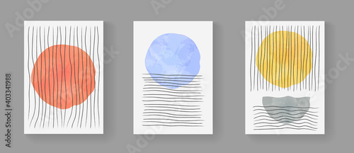 Set of abstract minimalist hand painted composition. Mid centuary modern artwork with watercolor shapes. Simple geometric illustration for Posters, Postcards, Brochures, Wall Art, Banners.