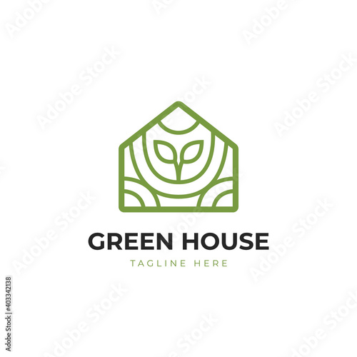 Nature environment friendly green house logo icon with leaf symbol