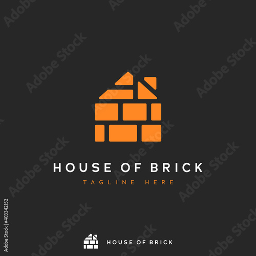 House of brick logo, pile of orange brick form in house shape concept icon logo