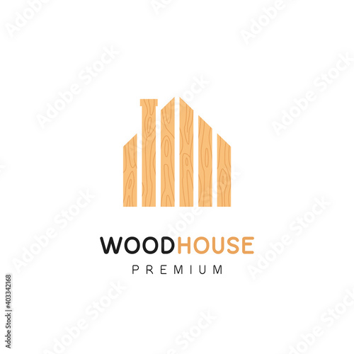 Wooden wood house logo with brown wood plank texture in house shape icon illustration concept